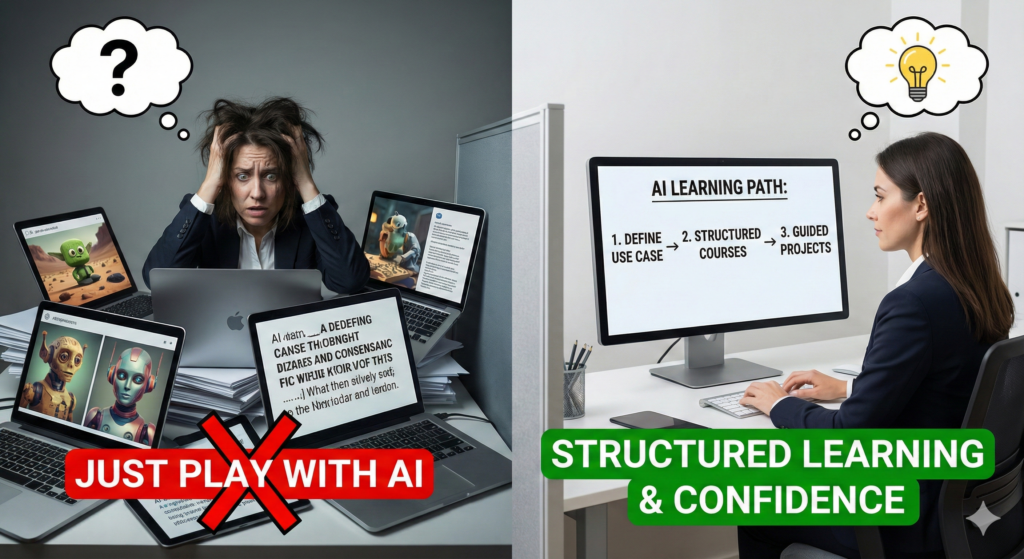 “People attending an in-person AI cyclops workshop with laptops” “Small business owners learning AI tools in a ai cyclops workshop setting”